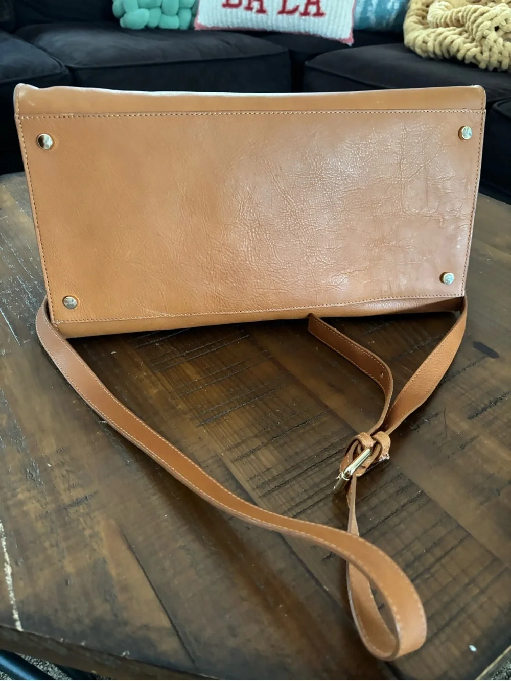 Structured Tan Leather Satchel with Adjustable Strap